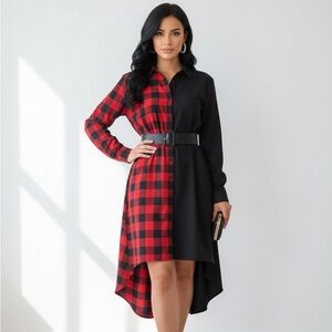 Hi-Low Belted Plaid Long Sleeves Dress